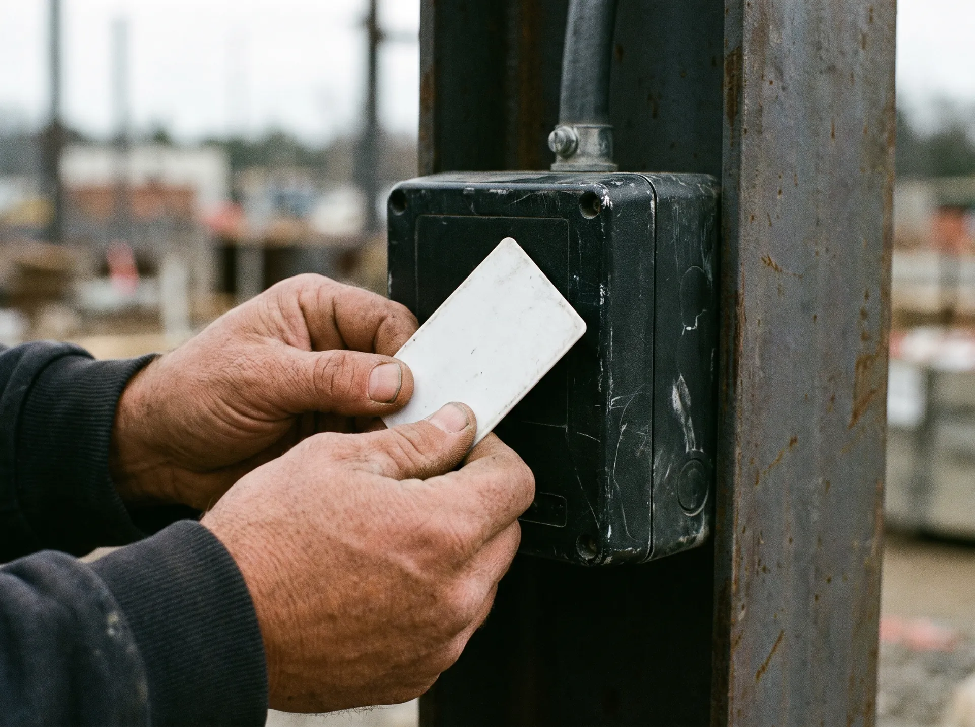 Hands holding a competency card at a reader.
