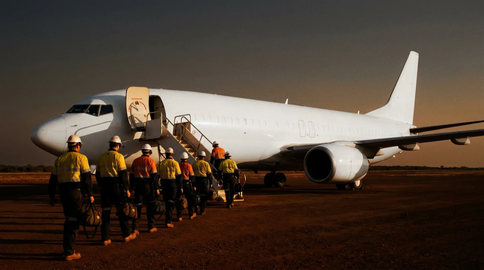A FIFO crew in hi-vis walking across red dirt to board a charter plane at dusk.