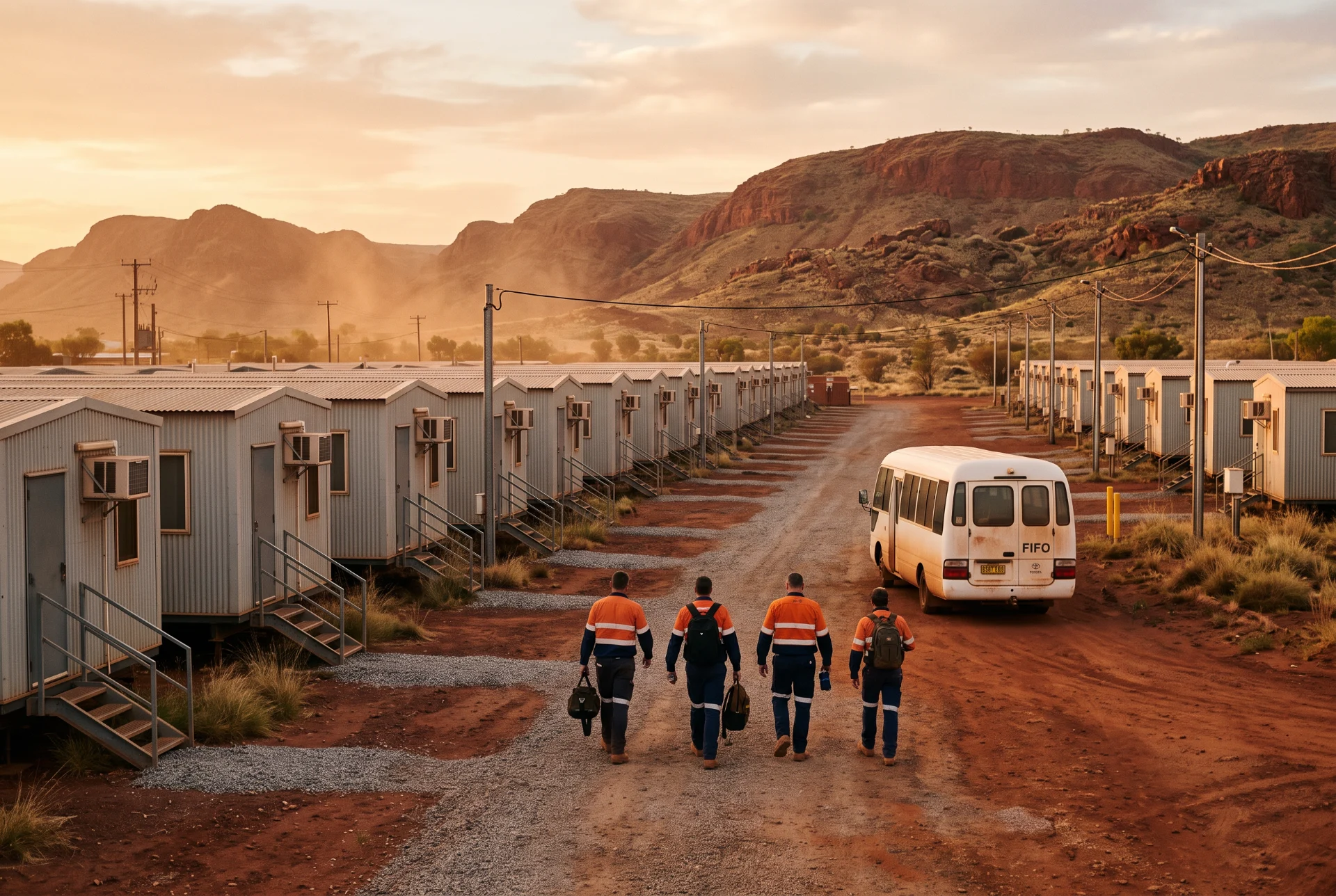Rows of accommodation units at a FIFO mining camp at dawn.
