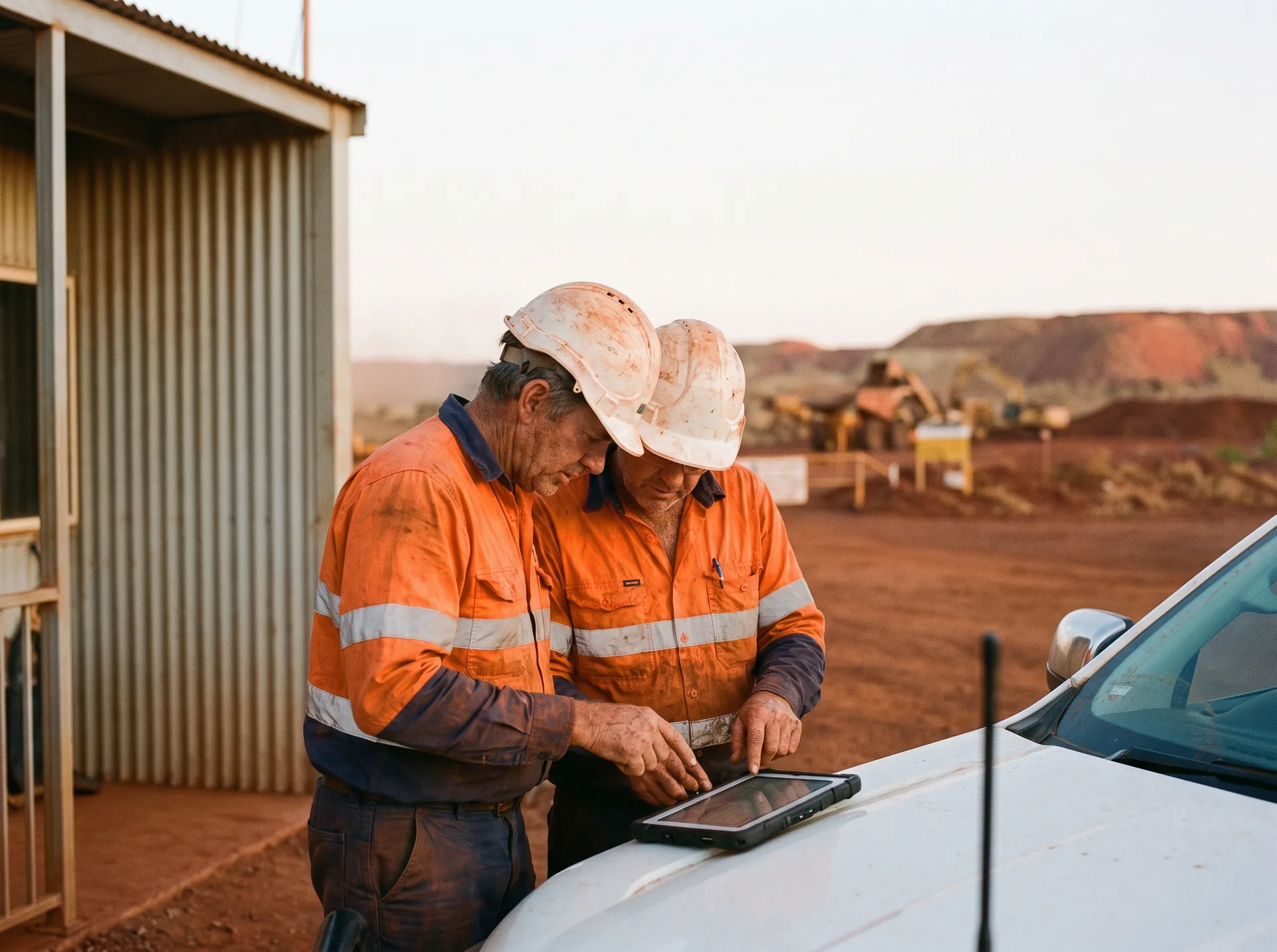 Two workers in hi-vis checking a tablet at a mine site gatehouse, haul road and machinery behind them.