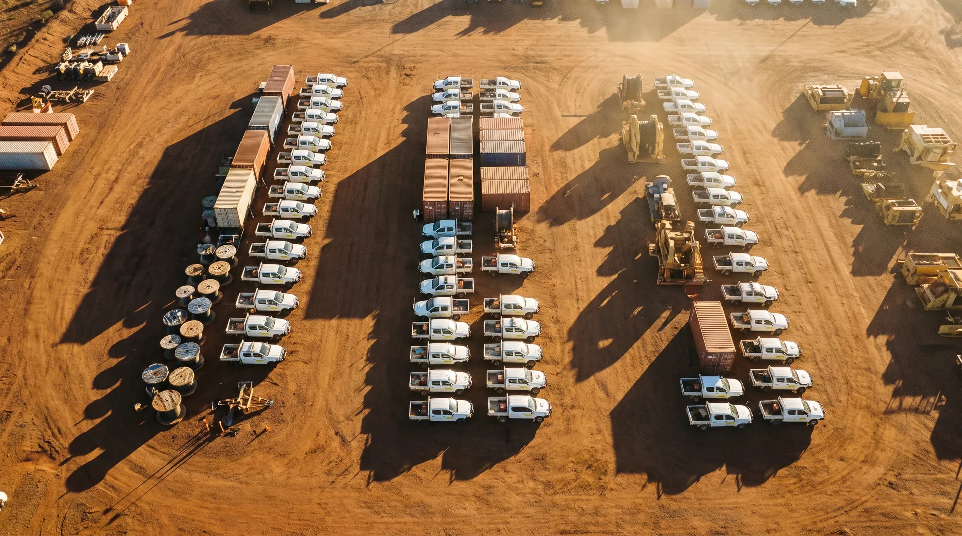 Aerial view of a laydown yard grid on red dirt with long shadows.
