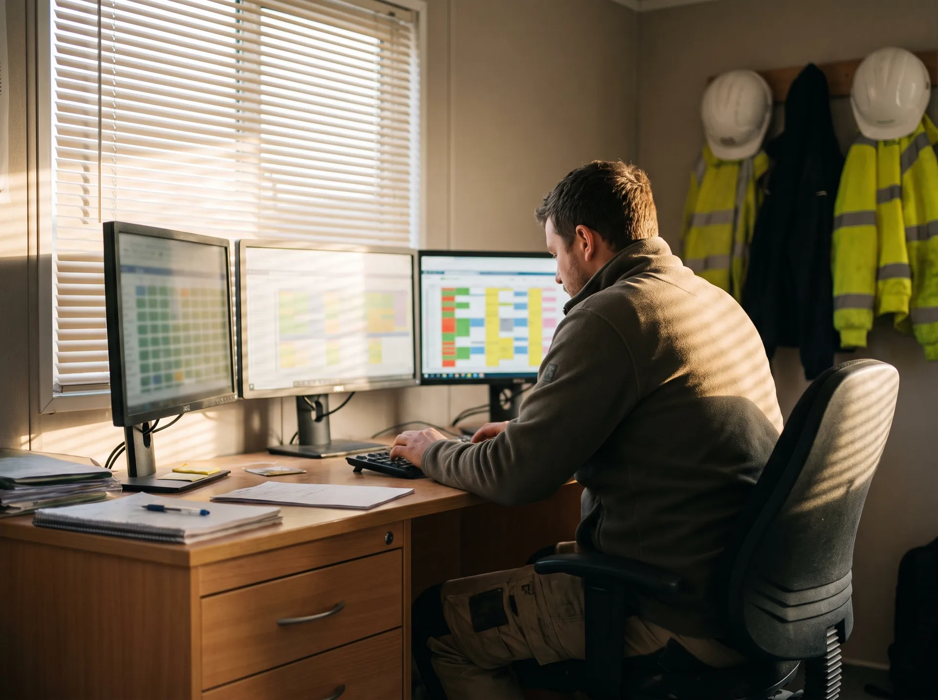 A coordinator working across monitors in a demountable site office.
