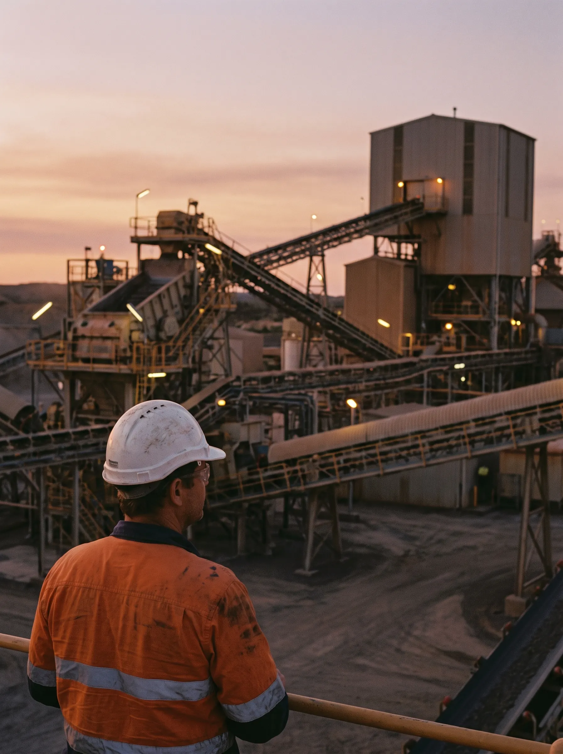 A superintendent in hi-vis overlooking a processing plant at dusk.