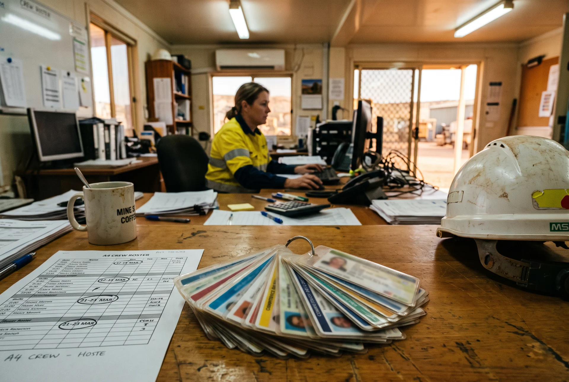 Laminated competency cards fanned across a site office desk beside a printed roster.